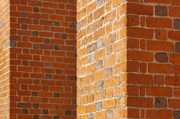 Corners and shaows of red brick walls of Cathedral in Wroclaw, Poland