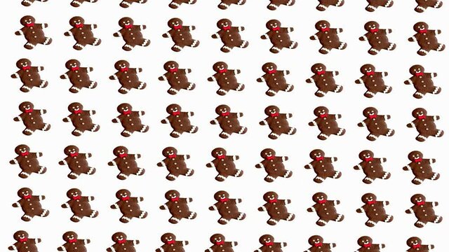 Animated horizontal Gingerbread Man. Christmas gingerbread pattern on white background. seamless pattern. High quality 4k Christmas sweets footage.