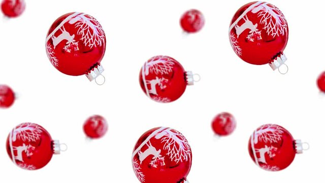 A stream of Glass red white Christmas tree toy  of different diameters diameters on a white color background. 4K UHD footage. Futuristic design, motion design animation. Pop art design, creative Chris