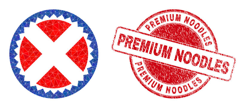 Low-Poly triangulated crossed seal stamp icon illustration with Premium Noodles dirty stamp seal. Red seal has Premium Noodles title inside round form.