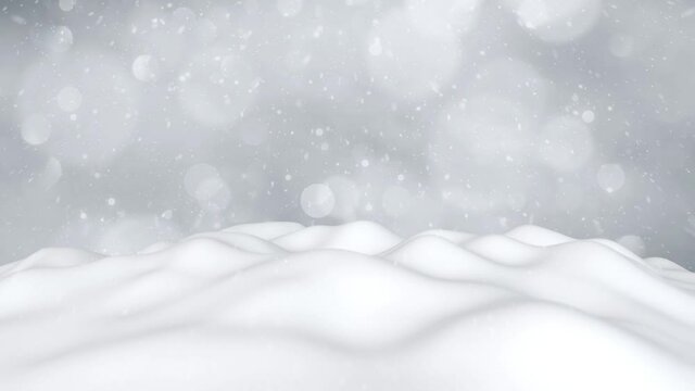 Cute snowy winter landscape with bokeh effect and falling glitter snowflakes background holiday christmas copy space animation background.