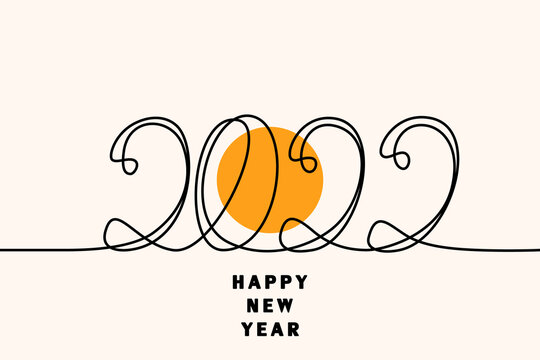 2022 year. Orange circle - sunrise. New Year. Merry Christmas. Happy New Year. Year of the tiger. By drawing one line in continuous line drawing style vector illustration isolated on white background