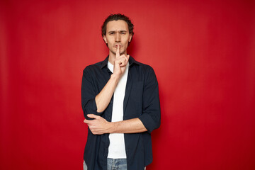 man in casual Angry businessman, boss shushing, show taboo hush gesture and frowning, be quiet,...