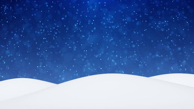 Snowy winter cold landscape hills with falling snowflakes on dark blue skies holiday christmas copy space greeting card animation background.