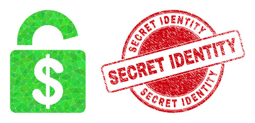 Low-Poly polygonal bank lock icon illustration with Secret Identity scratched seal. Red stamp includes Secret Identity caption inside round it. Bank lock icon is filled with triangles.