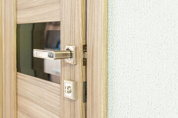 Interior door with lock and handle in the apartment.