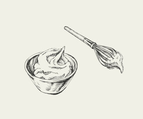 Yogurt, cream. Cooking hand drawn. Recipe. Cuisine
