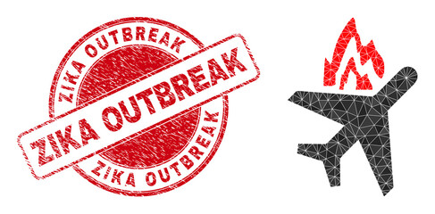 Low-Poly triangulated airplane crash 2d illustration, and Zika Outbreak dirty stamp seal. Red stamp seal has Zika Outbreak text inside round shape. Airplane crash icon is filled with triangle mosaic.