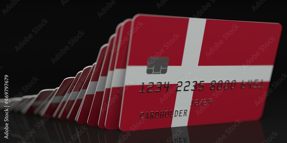 Poster domino effect, fallen credit cards with flags of denmark. fictional data on card mockups. banking co