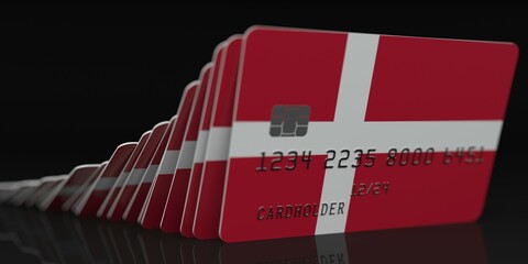 Domino effect, fallen credit cards with flags of Denmark. Fictional data on card mockups. Banking collapse conceptual 3d rendering