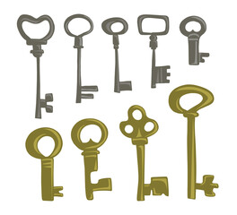Vintage Style Keys set simple flat hand drawn vector illustration