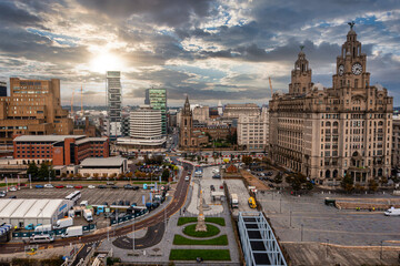 Aerial view of the Liverpool skyline including the Roman Catholic Cathedral church and the Mersey - obrazy, fototapety, plakaty
