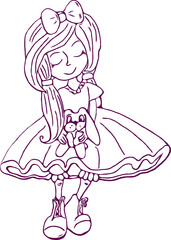 Hand drawn beautiful cute little princess girl with toy. Flat vector illustration.