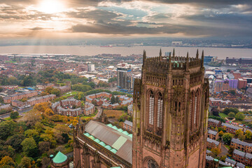 Aerial view of the Liverpool Cathedral or the Cathedral Church of the Risen Christ in Liverpool, UK