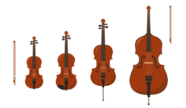 Set of Classical orchestral Stringed Bowed musical instruments isolated on white background. Wooden Violin, Viola, Cello and Double Bass icons with bows. Vector illustration in flat or cartoon style.