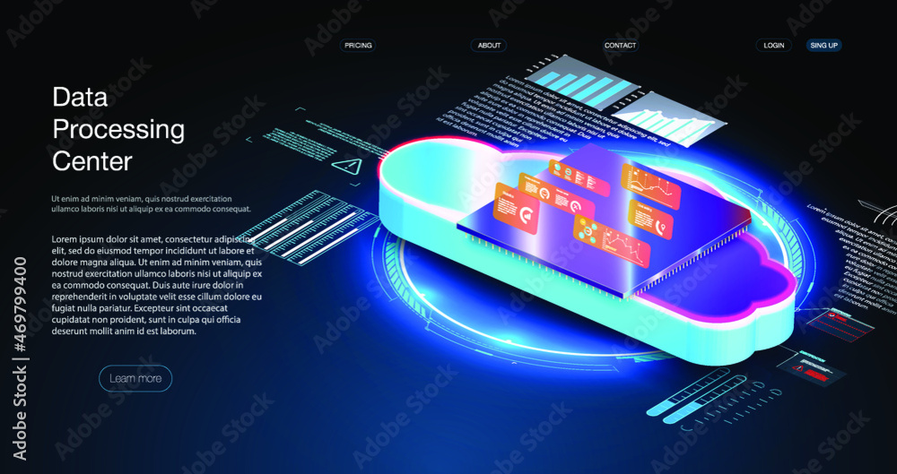 Poster futuristic microchip processor with lights on the blue background. futuristic microchip processor wi