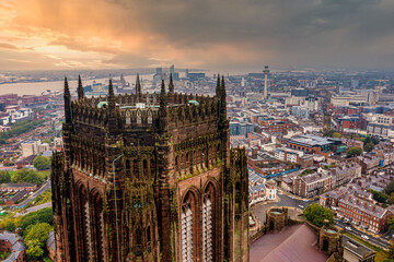Aerial view of the Liverpool Cathedral or the Cathedral Church of the Risen Christ in Liverpool, UK