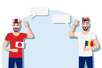 Men with Japanese and Romanian flags. Background for the text. Communication between native speakers of the language. Vector illustration.