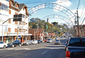 Sunny day in one of Gramado streets' entrance, and with low traffic, southern Brazil.