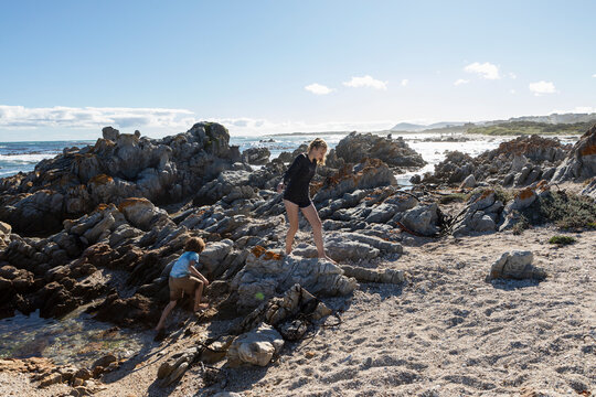 Two children, a teenage girl and eight year old boy exploring the jagged rocks and rockpools on a beach.