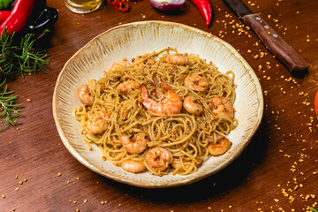 Delicious Pizza Classic Homemade Tomato Sauce Sausage Cheese Onion Meat Pasta Shrimp Restaurant Menu Gourmet on a wooden table