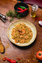 Delicious Pizza Classic Homemade Tomato Sauce Sausage Cheese Onion Meat Pasta Shrimp Restaurant Menu Gourmet on a wooden table