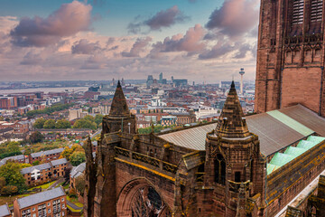Aerial view of the Liverpool Cathedral or the Cathedral Church of the Risen Christ in Liverpool, UK