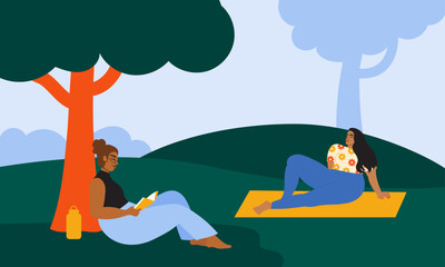Illustration of two women relaxing at the park