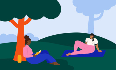 Illustration of two women relaxing at the park