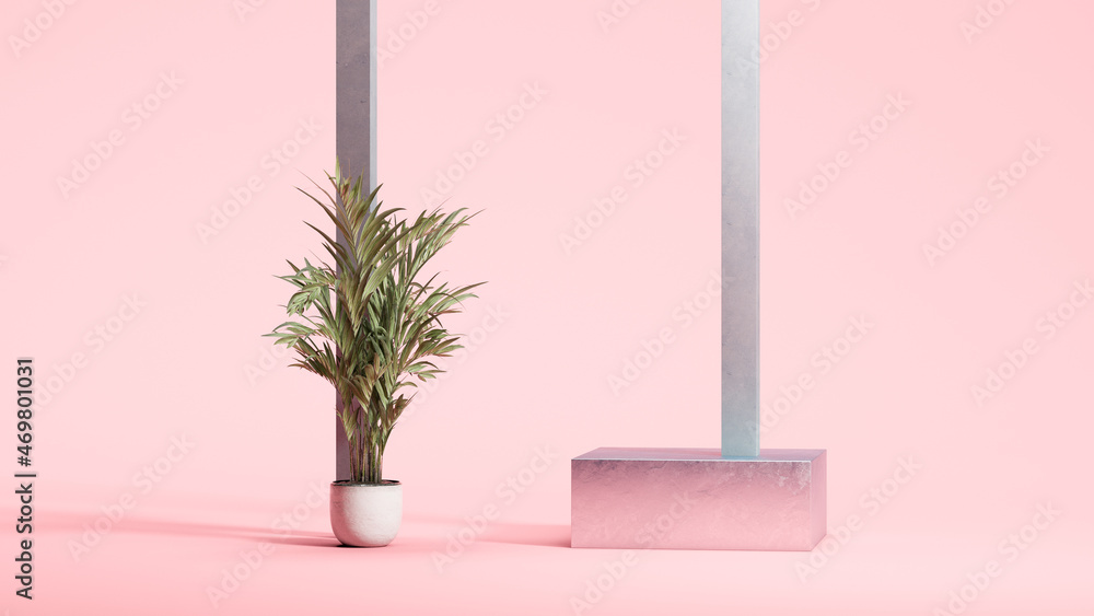 Poster gradient pink square podium display near small palm tree on pastel pink background. minimal design. 