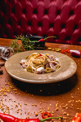 Delicious Pizza Classic Homemade Tomato Sauce Sausage Cheese Onion Meat Pasta Shrimp Restaurant Menu Gourmet on a wooden table