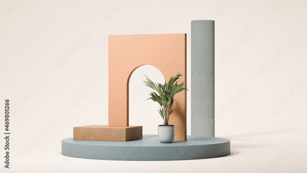 Poster peach colored square arc with round hole and round podium display on bright background with small pa