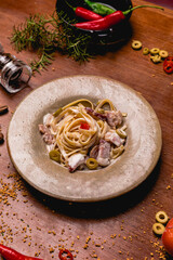 Delicious Pizza Classic Homemade Tomato Sauce Sausage Cheese Onion Meat Pasta Shrimp Restaurant Menu Gourmet on a wooden table