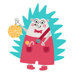 Cute forest character hedgehog getting ready for Christmas. Vector illustration, hand drawn style.
