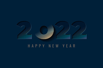2022 Happy New Year Fading and Cut Numerals Logo with Golden Halftone Effect and Lettering - Gold and Multicolor on Blue Background - Mixed Graphic Design