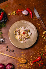 Delicious Pizza Classic Homemade Tomato Sauce Sausage Cheese Onion Meat Pasta Shrimp Restaurant Menu Gourmet on a wooden table