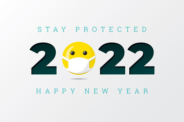 2022 Numerals Logo with Smiling Face Wearing Medical Mask and Stay Protected Lettering Happy New Year Greeting Concept - Yellow on White Background - Mixed Graphic Design