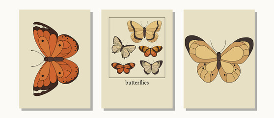Set of posters with butterflies in modern, trendy colors, contemporary aesthetic background or card template