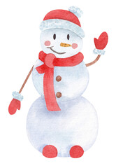 Watercolor cute snowman in a red hat and scarf on a white background. Watercolor illustration of a snowman for the New Year holidays is suitable for postcards, paper, wallpaper, banners