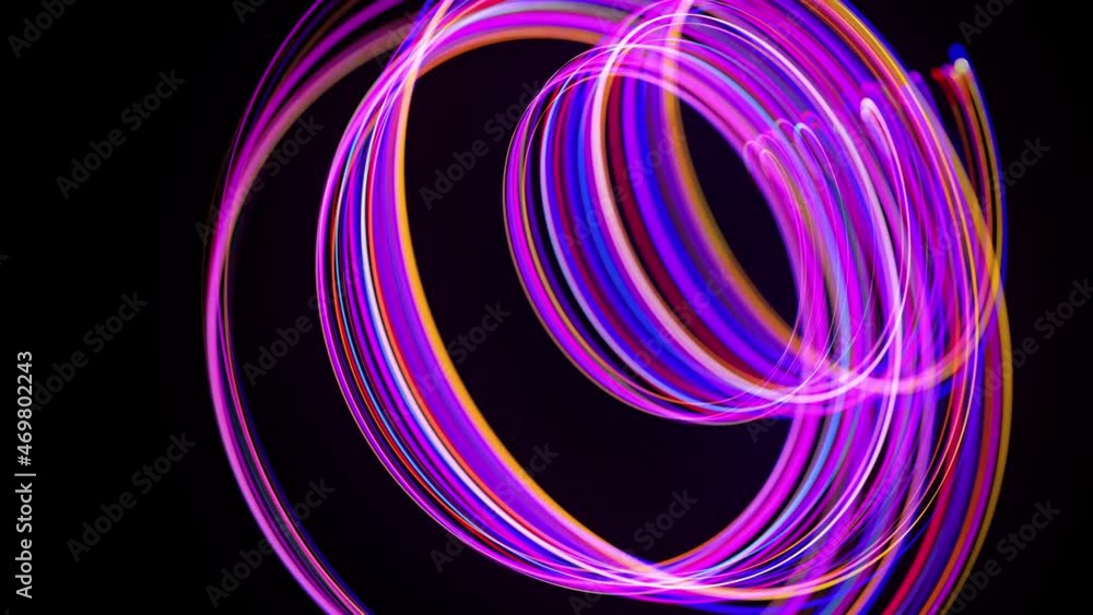 Poster motion graphics, sci-fi bg. stream of multicolor neon lines form spiral shape, curls and pattern. ab