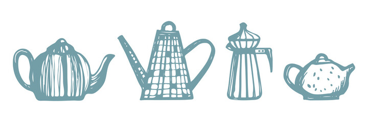set of 4 vintage teapots isolated on white background. hand drawn tea time collection in doodle style. good for textile and fabric, packaging or wrapping paper design, print. 