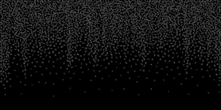 Falling numbers, big data concept. Binary white disorderly flying digits. Superb futuristic banner on black background. Digital vector illustration with falling numbers.