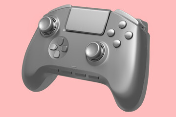 Silver video game joystick on pink background. Concept of winner awards