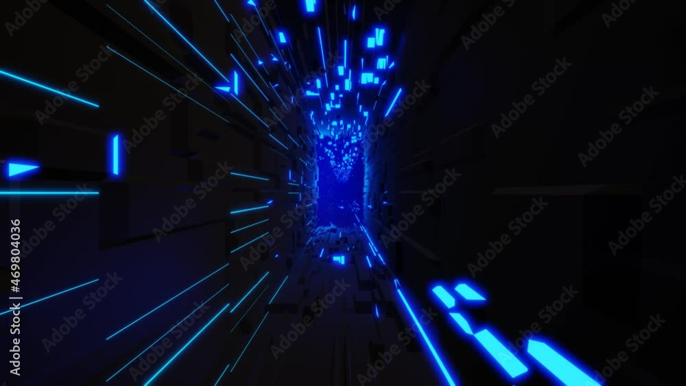 Poster blue dark sci fi bg fly through tech digital space like in tunnel neon light. information technology
