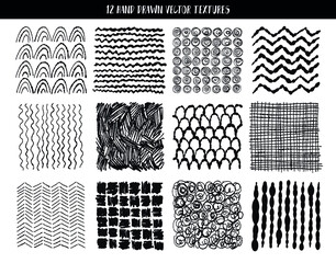Doodle sketch textures. Vector design elements. Collection texture with variety abstract shapes: jagged lines, zigzag, cells, stripes, and strokes in the Scandinavian style.