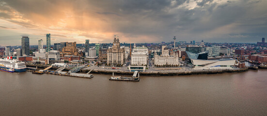 Beautiful aerial panoramic view of the Liverpool city skyline view near the sea. Liverpool waterfront scene.