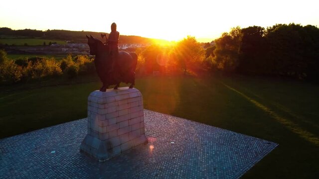 Aerial of Stirling suburb area near Robert Bruce Monument, UK,