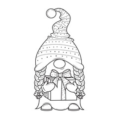 Cute cartoon Christmas gnome with box of gift for coloring book