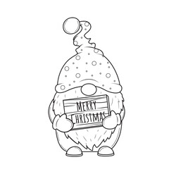 Cute cartoon Christmas gnome with wood board for coloring book