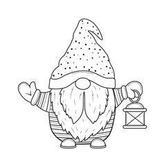 Cute cartoon Christmas gnome with vintage lantern for coloring book